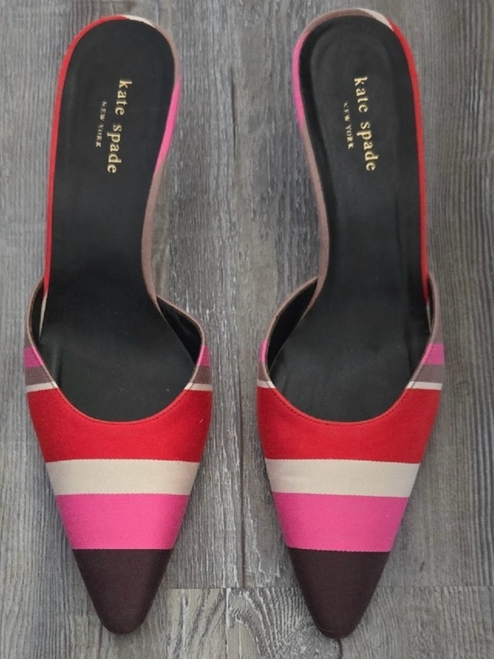 Rare Vintage Kate Spade Multicolor Striped Pointed-Toe Mules: Pink, Red & Brown